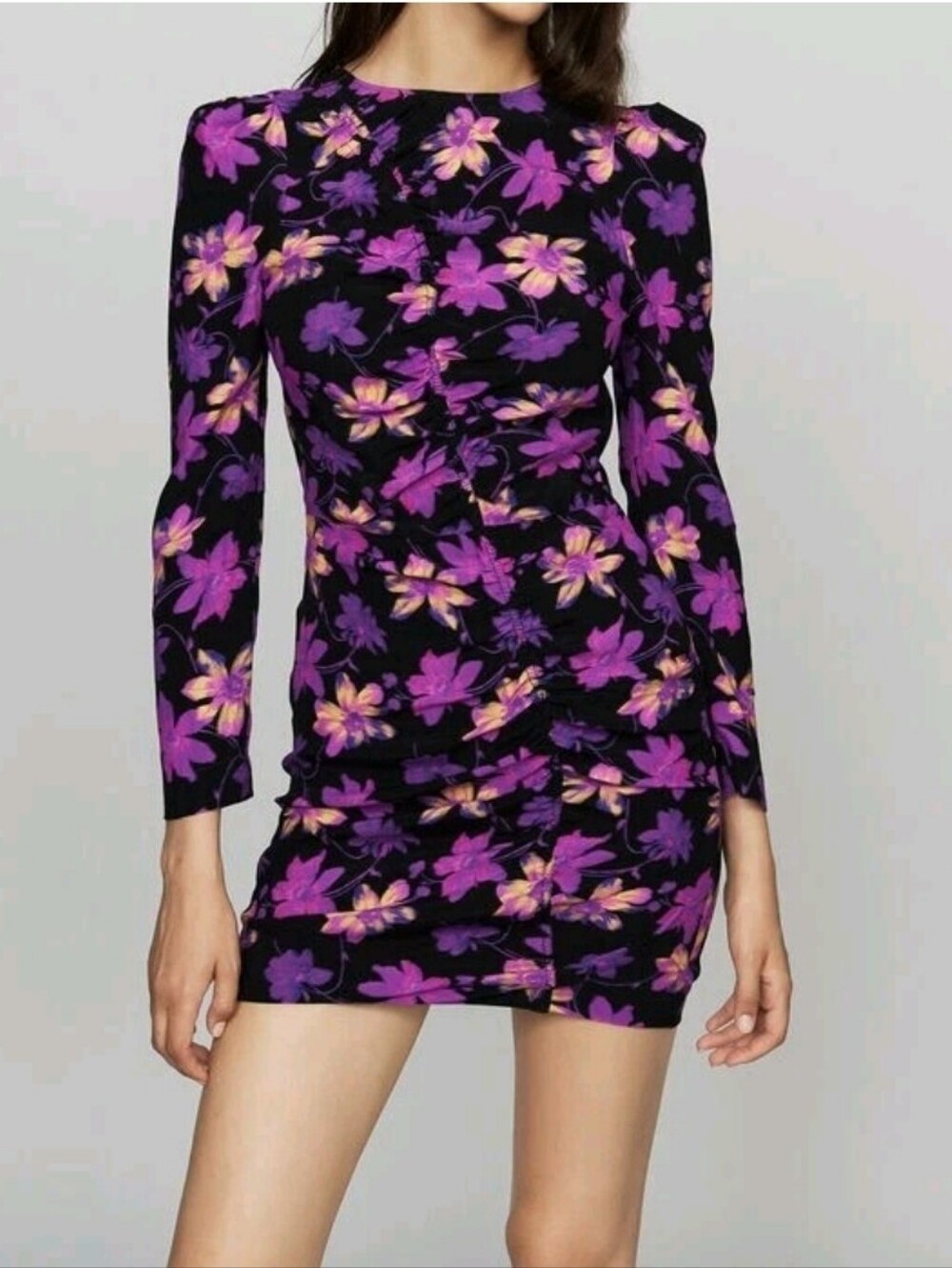 Maje Rosamar Floral Asymmetrical Rushed Long Sleeve Mini Dress